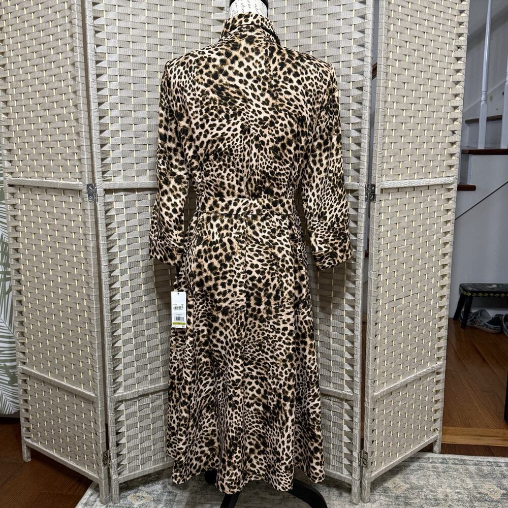 Calvin Klein Leopard Print Shirt Dress Women’s Size 14 Belted Tie Sleeves NEW - Picture 3 of 12